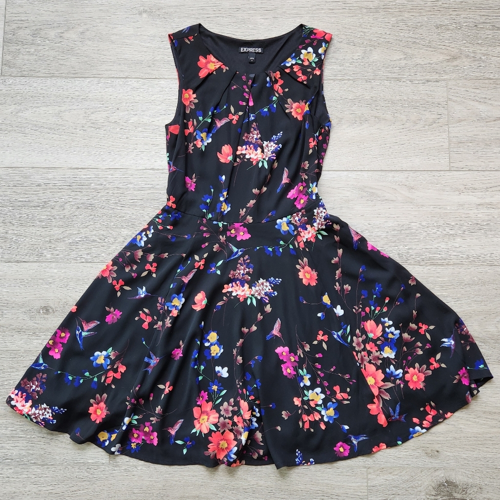 Express Black Floral Dress Womens 0 Sleeveless Red Pink Blue Fit Flare Summer